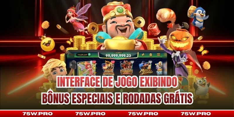 Interface de jogo exibindo bônus especiais e rodadas grátis